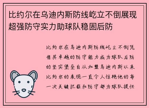 比约尔在乌迪内斯防线屹立不倒展现超强防守实力助球队稳固后防